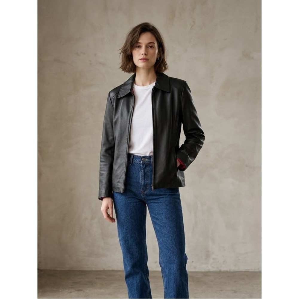 Vintage Worthington Black Genuine Leather Zip Jacket PS 90s Minimalist Grunge